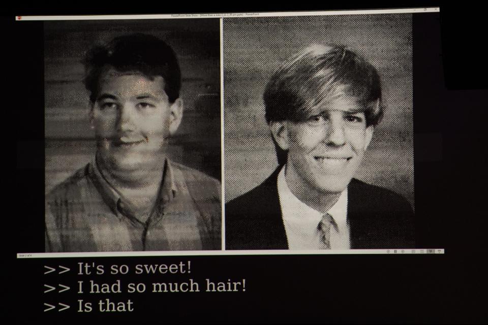 High school yearbook photos of Brian Baumgartner and Ed Helms are shown during their featured SXSW session, "More Than a Joke: The Road from Sitcom Success to iHeartPodcasts Powerhouse." The two "Office" castmates were just a year apart at the same high school.