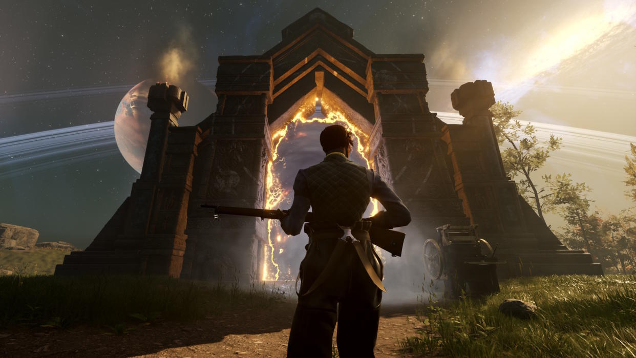  Nightingale screenshot - man with a rifle standing in front of a magical portal. 