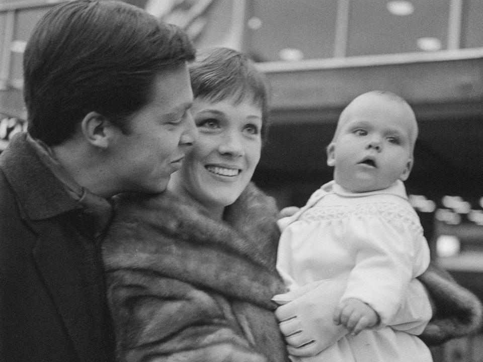 Julie Andrews with her husband, set and costume designer Tony Walton and their daughter Emma, UK, 30th August 1963