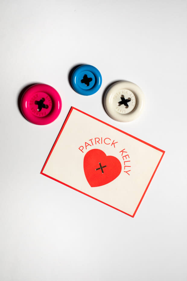 Patrick Kelly buttons and label, on display at SCAD. 