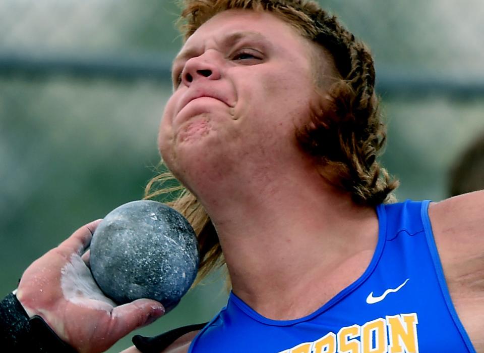 Alex Mansfield of Jefferson set his personal best 59'9 to win the D2 Regional shot put at Milan Friday, May 20, 2022.