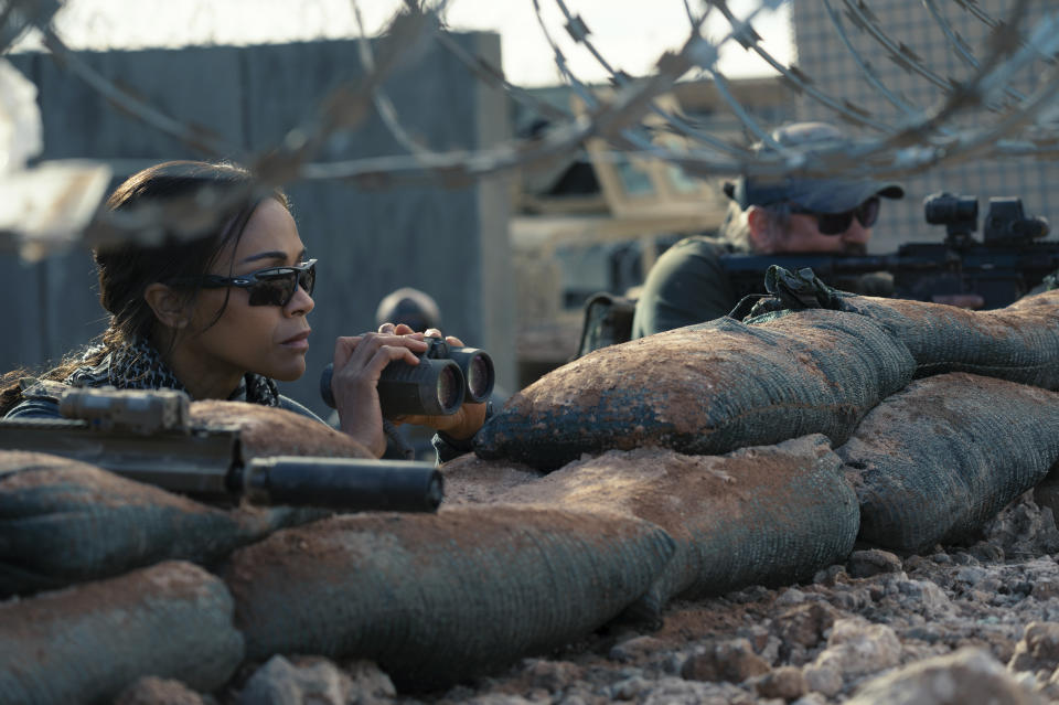 This image released by Paramount+ shows Zoe Saldana as Joe, left, and James Jordan as Two Cups in a scene from "Special Ops: Lioness." (Lynsey Addario/Paramount+ via AP)