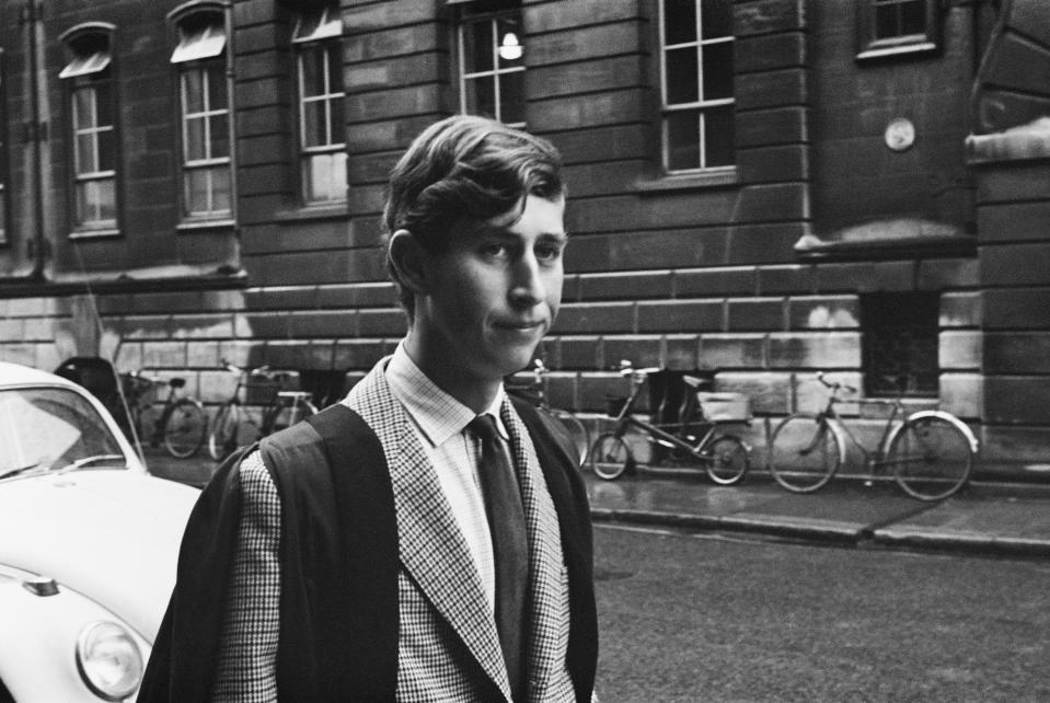 Prince Charles walking in Downing Street, Cambridge, UK, 12th October 1967. He is beginning his term at Trinity College.  (Photo by Peter Dunne/Daily Express/Getty Images)