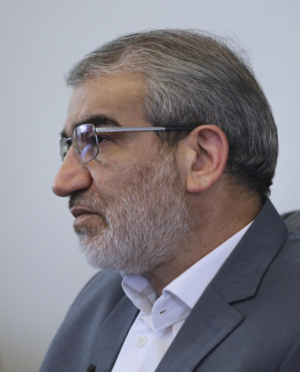 Spokesman of the Iran's Guardian Council Abbas Ali Kadkhodaei speaks in an interview with The Associated Press at his office in Tehran, Iran, Tuesday, May 18, 2021. Approving a variety of candidates for Iran’s presidential election could help boost turnout for a vote that authorities already worry may see little enthusiasm, Kadkhodaei said Tuesday. (AP Photo/Vahid Salemi) (AP Photo/Vahid Salemi)