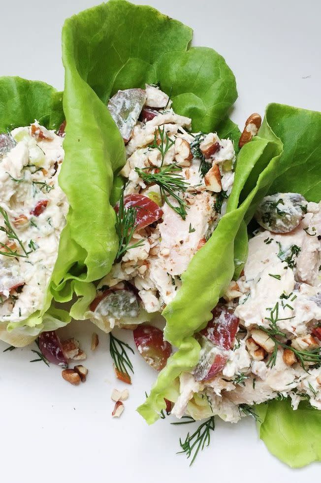 <p>We can never get tired of <a href="https://www.delish.com/cooking/g1503/chicken-salad-recipes/" rel="nofollow noopener" target="_blank" data-ylk="slk:chicken salad;elm:context_link;itc:0;sec:content-canvas" class="link ">chicken salad</a>. There's so many flavor options, and this lemon-dill chicken salad really tops the list. Swap the Greek yogurt for a non-dairy version here, and you'll be g2g. Want more chicken salad ideas? We love this <a href="https://www.delish.com/cooking/recipe-ideas/recipes/a1571/curried-chicken-salad-recipe-8620/" rel="nofollow noopener" target="_blank" data-ylk="slk:curried chicken salad;elm:context_link;itc:0;sec:content-canvas" class="link ">curried chicken salad</a> too.</p><p>Get the <strong><a href="https://www.delish.com/cooking/recipe-ideas/recipes/a43570/chicken-salad-lettuce-wraps-recipe/" rel="nofollow noopener" target="_blank" data-ylk="slk:Chicken Salad Lettuce Wraps with Grapes and Pecans recipe;elm:context_link;itc:0;sec:content-canvas" class="link ">Chicken Salad Lettuce Wraps with Grapes and Pecans recipe</a></strong>.</p>