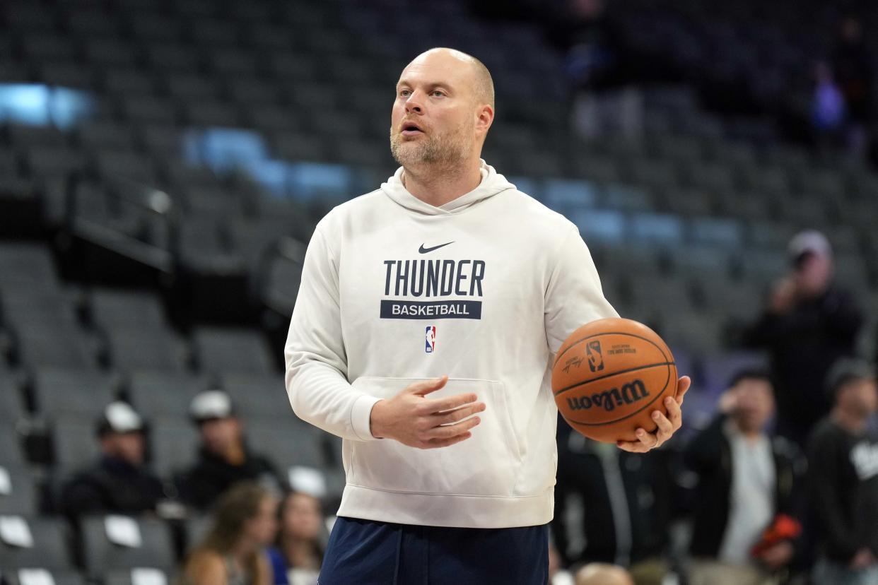 Dec 14, 2023; Sacramento, California, USA; Oklahoma City Thunder assistant coach Dave Bliss before the game against the Sacramento Kings at Golden 1 Center. Mandatory Credit: Darren Yamashita-USA TODAY Sports