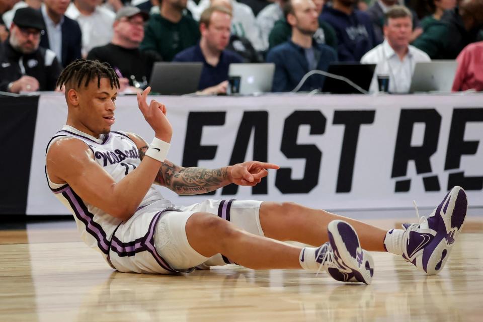 Keyontae Johnson celebrates a play during Kansas State's Sweet 16 matchup against Michigan State.