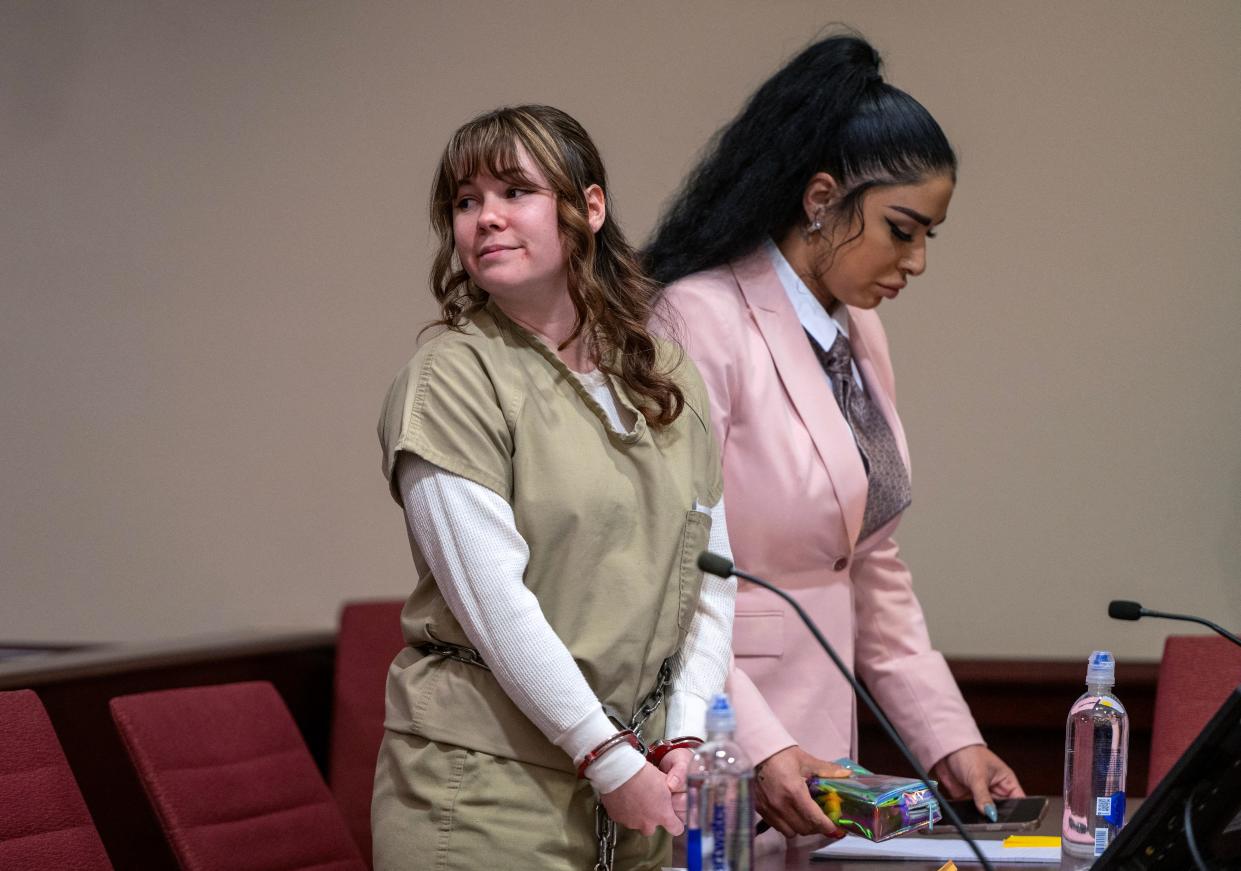 Hannah Gutierrez-Reed, left, the former armorer at the Alec Baldwin movie "Rust," attends her sentencing hearing at the First Judicial District Courthouse in Santa Fe, New Mexico, on April 15, 2024. A jury in New Mexico took just over two hours to find Gutierrez-Reed guilty on March 6, 2024, of involuntary manslaughter for the death of cinematographer Halyna Hutchins in October 2021 during filming of the budget Western.