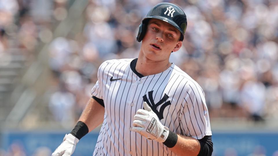 New York Yankees first baseman Ben Rice (93) runs around the bases after his solo home run during the first inning against the Boston Red Sox at Yankee Stadium.