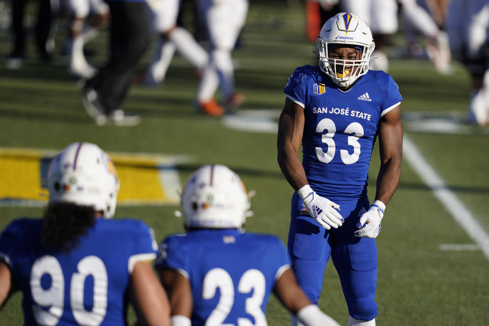 San Jose State running back Brendan Manigo (33) celebrates after a play against Boise State during the first half of an NCAA college football game for the Mountain West championship, Saturday, Dec. 19, 2020, in Las Vegas. (AP Photo/John Locher)