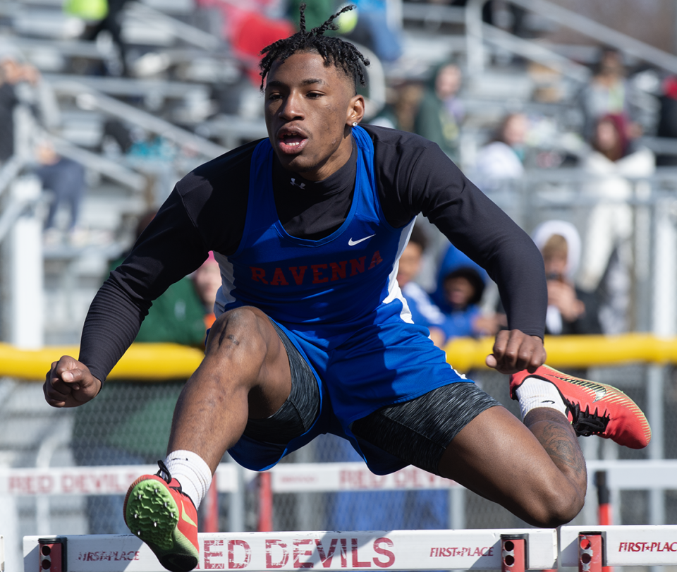 110 Hurdles, Pavel Henderson, Ravenna. Don Faix Invitational held at Crestwood High School.