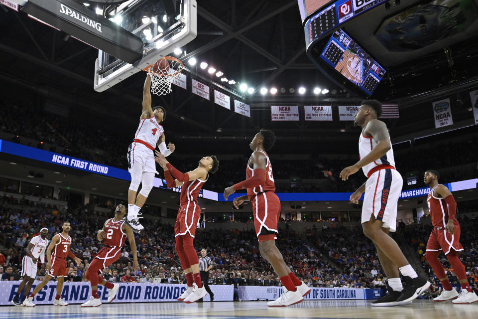 <p>Breein Tyree #4 of the Mississippi Rebels dunks the ball against the Oklahoma Sooners in the first round of the 2019 NCAA Men’s Basketball Tournament held at Colonial Life Arena on March 22, 2019 in Columbia, South Carolina. (Photo by Grant Halverson/NCAA Photos via Getty Images) </p>