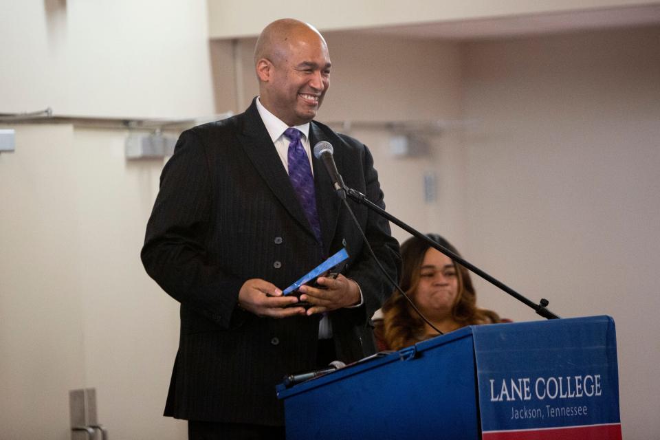 Mal Matthews speaks to the audience after receiving a 2023 Lane College Dr. Martin Luther King Jr. Drum Major Award during the Martin Luther King Jr. Celebration Brunch at Lane College on Monday, January 16, 2023, in Jackson, Tenn. 