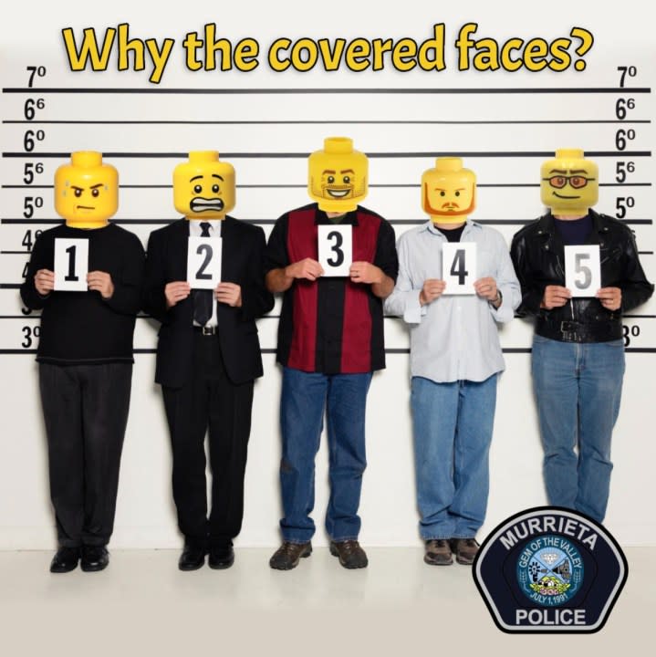 A lineup is shown with Lego heads covering the suspects' faces.