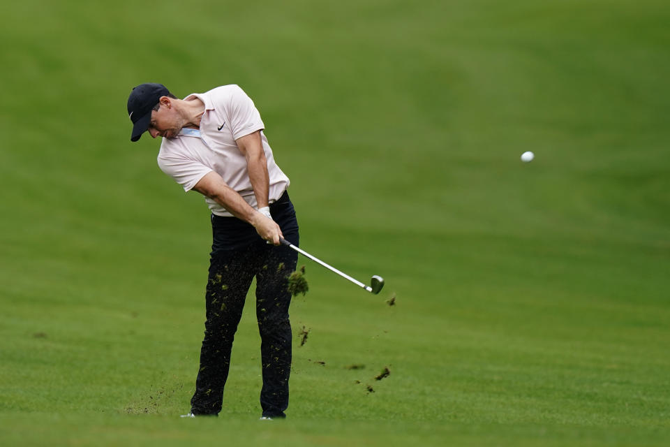 Rory McIlroy, of Northern Ireland, hits on the 13th fairway during a practice round for the Masters golf tournament Tuesday, Nov. 10, 2020, in Augusta, Ga. (AP Photo/Matt Slocum)