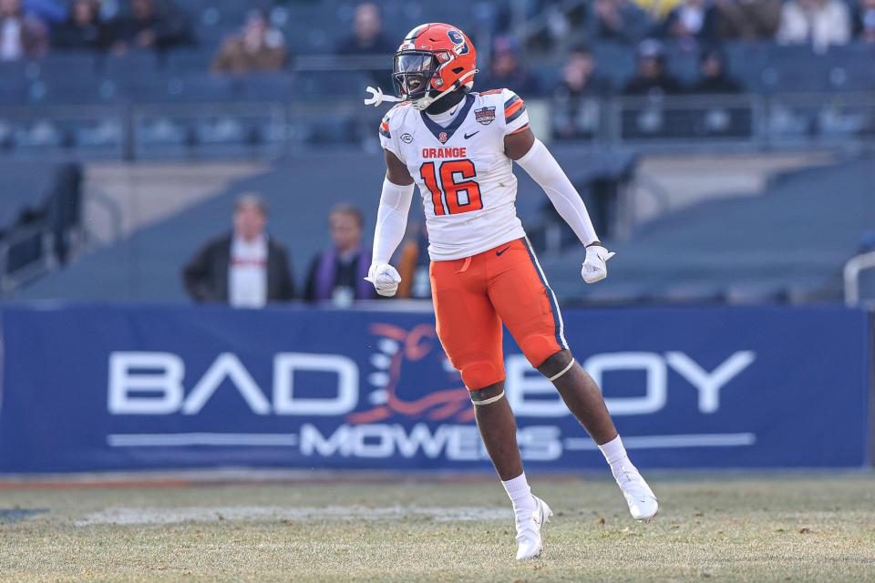 Dec 29, 2022; Bronx, NY, USA; Syracuse Orange linebacker Leon Lowery (16) celebrates a defensive stop during the first half of the 2022 Pinstripe Bowl against the Minnesota Golden Gophers at Yankee Stadium. Mandatory Credit: Vincent Carchietta-USA TODAY Sports