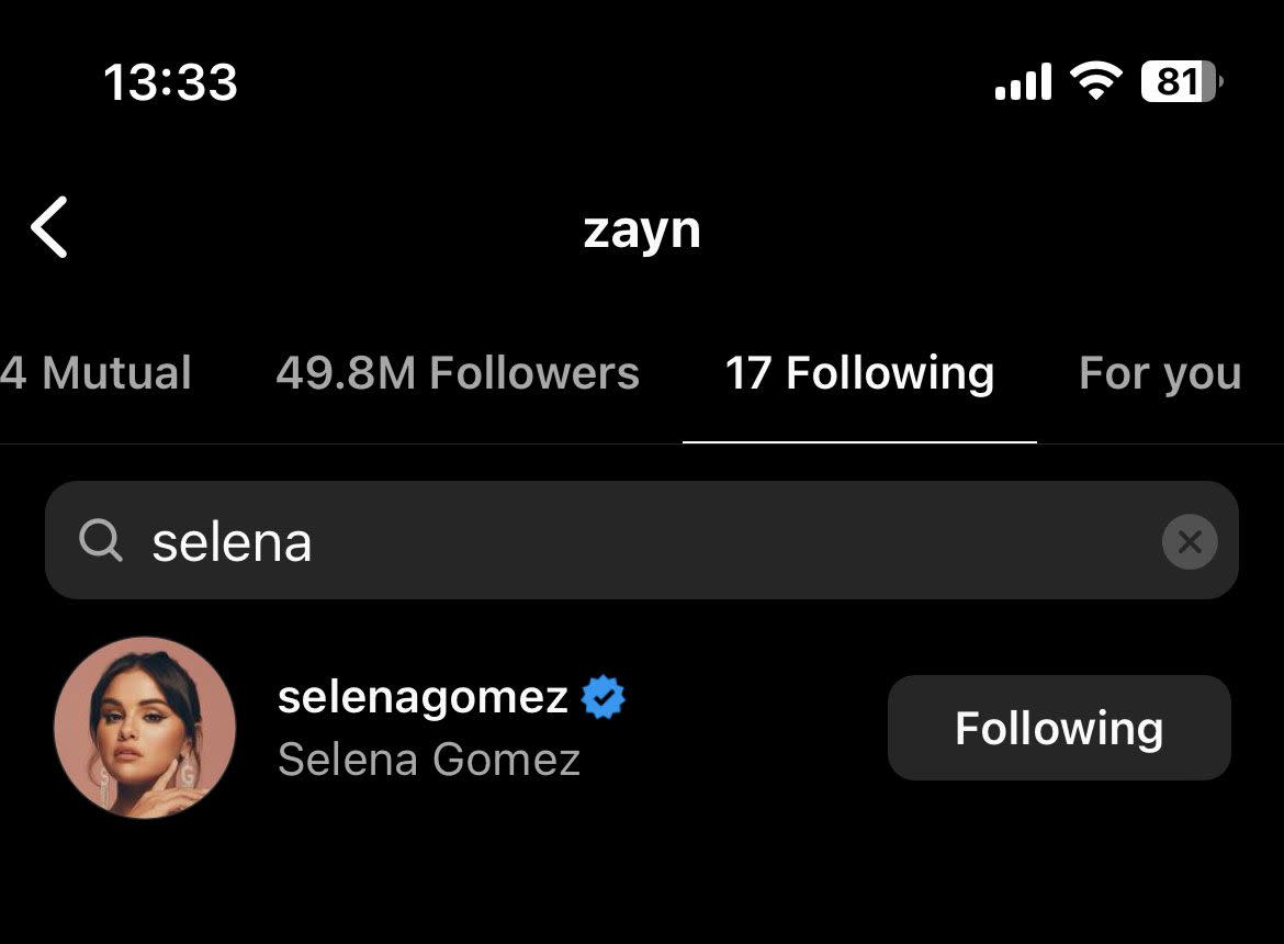 zayn malik still following selena gomez as of 133 pm est on june 25