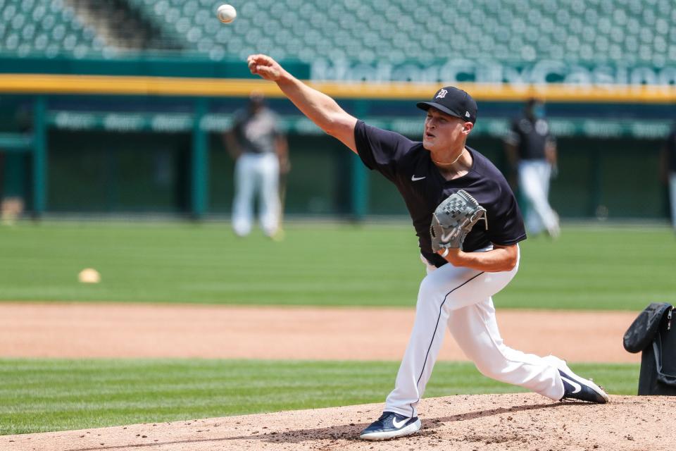 Detroit Tigers pitcher Matt Manning throws during training camp at Comerica Park in Detroit, Tuesday, July 7, 2020.