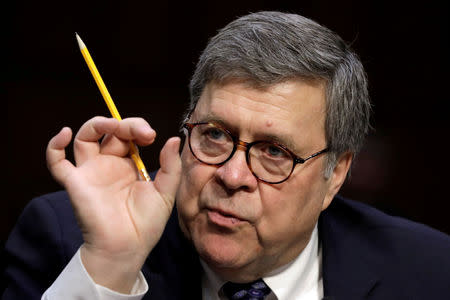 FILE PHOTO: William Barr testifies at a Senate Judiciary Committee hearing on his nomination to be attorney general of the United States on Capitol Hill in Washington, U.S., January 15, 2019. REUTERS/Yuri Gripas