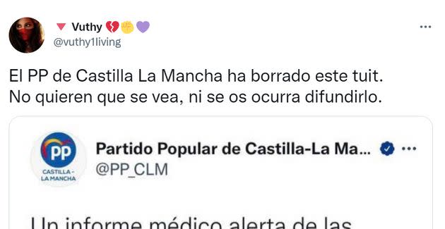 El tuit eliminado por el PP de Castilla-La Mancha. (Photo: Twitter)