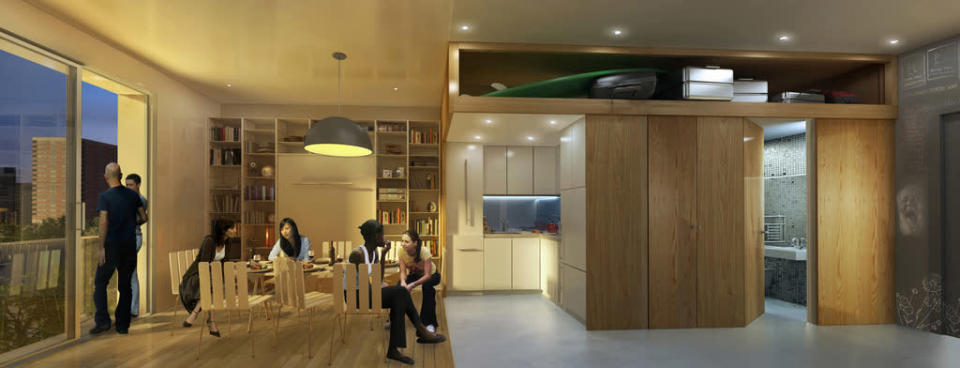 New York micro-apartment design winner announced dinner party rendering