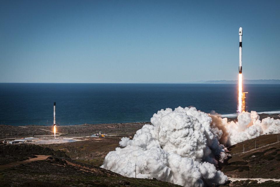 This composite image by SpaceX shows a Falcon 9 rocket launch with the first stage booster returning for landing at Space Launch Complex 4E at Vandenberg Space Force Base in California.