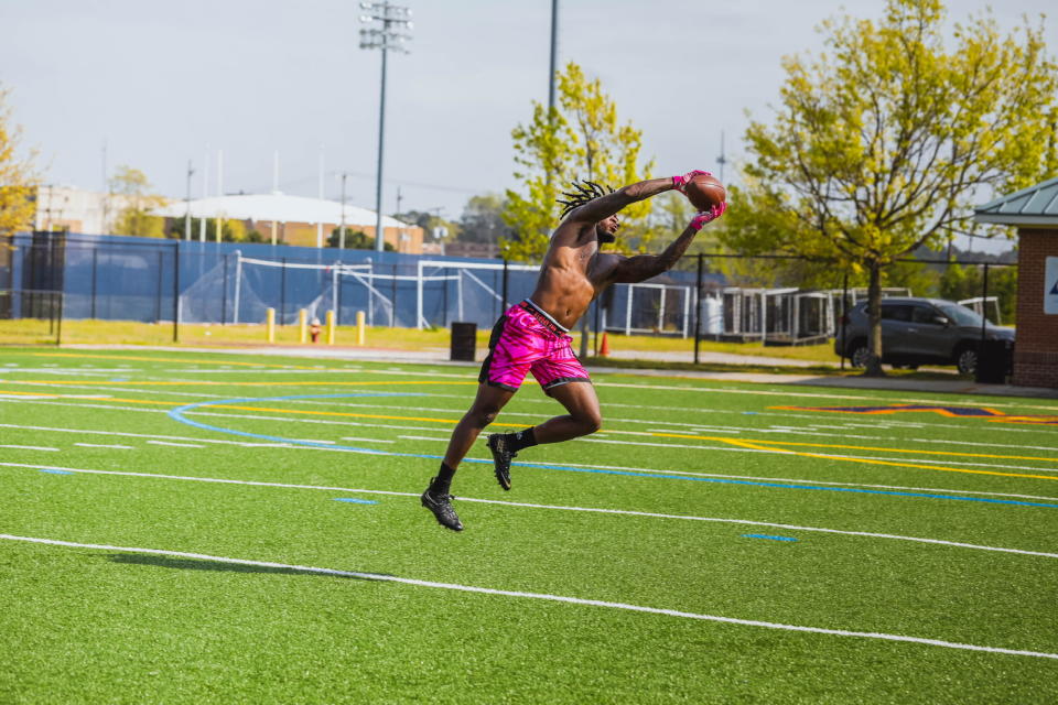 Levonta Taylor works out during his self-created pro day. (Courtesy of Jocorey Robins/IP multimedia) 