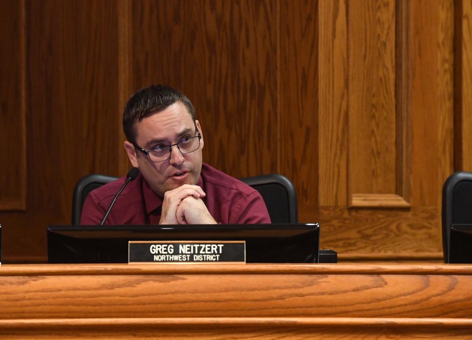 City councilor Greg Neitzert speaks during a special meeting on Tuesday, January 24, 2023, at Carnegie Town Hall in Sioux Falls.