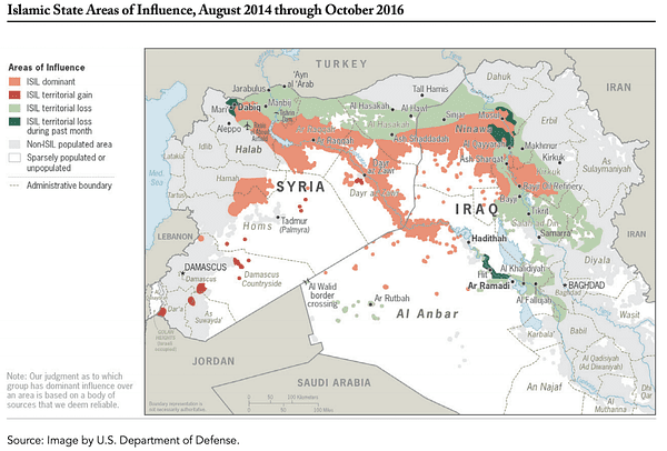 A Pentagon map of progress against the Islamic State by October 2016 shows the group had already lost the territory marked in green