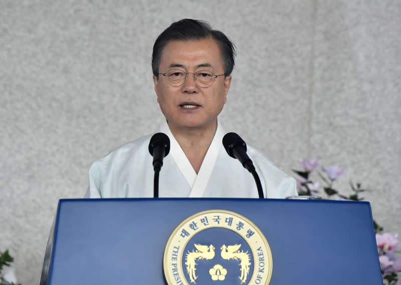 South Korean President Moon Jae-in delivers a speech during a ceremony to mark the 74th anniversary of Korea's liberation from Japan's 1910-45 rule, at the Independence Hall of Korea in Cheonan