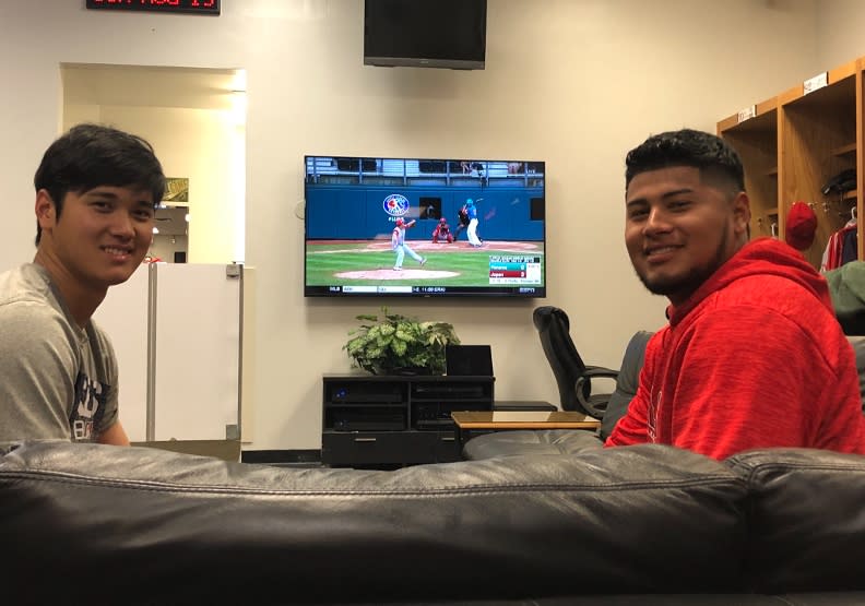 洛杉磯天使隊的大谷翔平、巴瑞亞（Jaime Barria）。取自Los Angeles Angels twitter