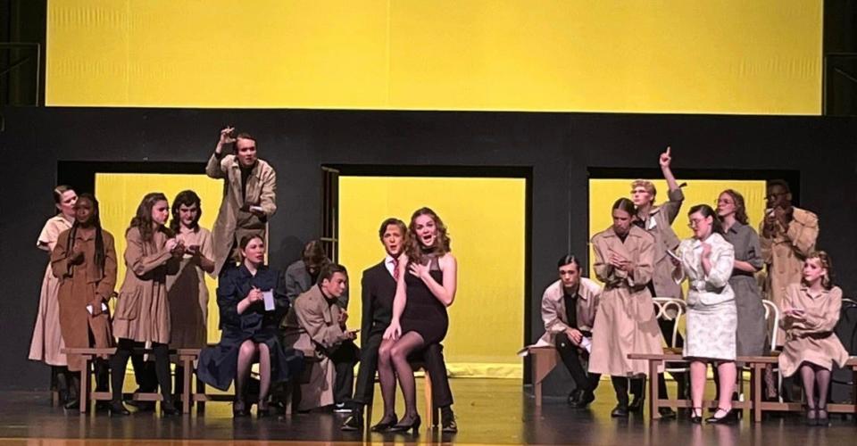In center, Granville High School students Cory Hammond as Billy Flynn and Lillian Rees as Roxy Hart and the company of "Chicago: Teen Edition" during a rehearsal. The school's production of the Broadway musical ran May 5-6.
