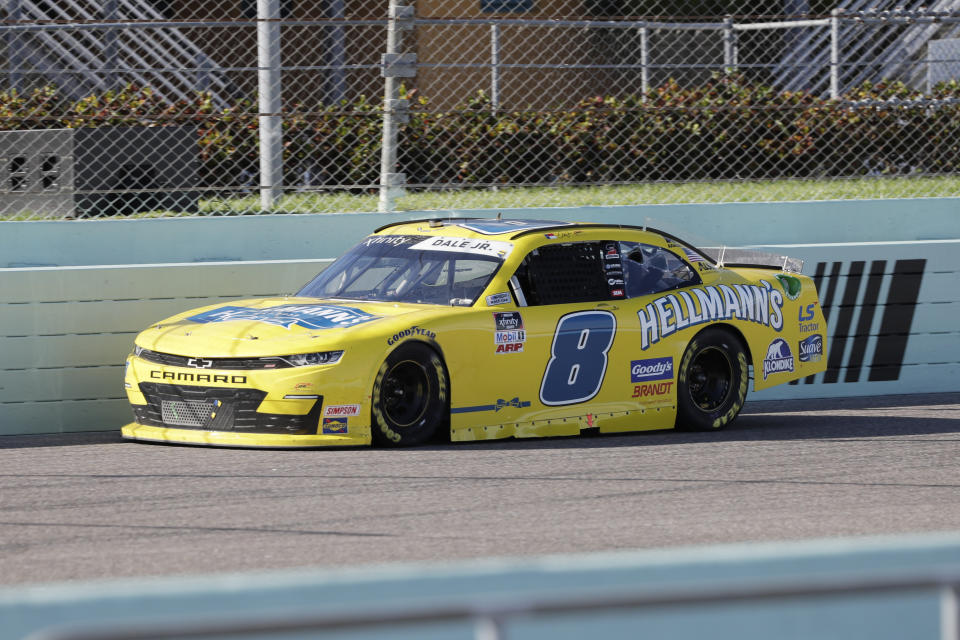 Dale Earnhardt Jr. (8) drives during a NASCAR Xfinity Series auto race Saturday, June 13, 2020, in Homestead, Fla. (AP Photo/Wilfredo Lee)