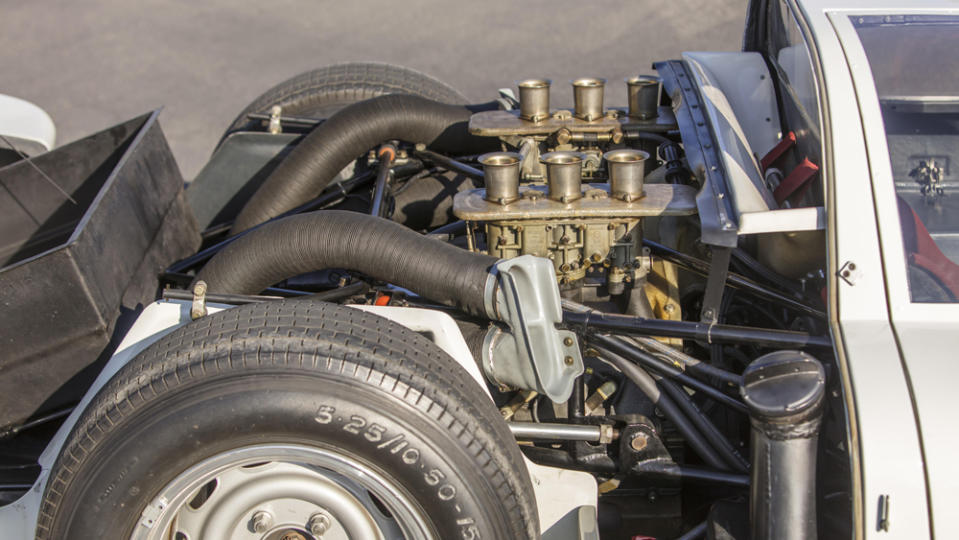 The flat-six engine inside a 1966 Porsche 906/Carrera Six race car.