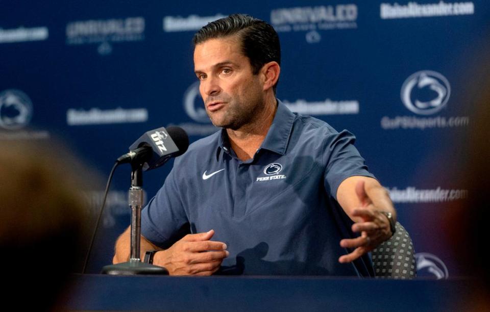 Penn State defensive coordinator Manny Diaz answers questions during media day on Saturday, Aug. 6, 2022.