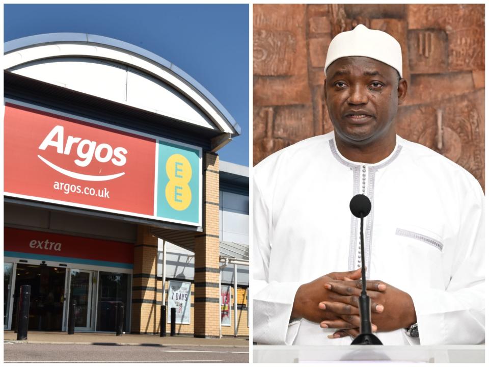 Side-by-side images of the front of an Argos store in the UK, and President Adama Barrow.