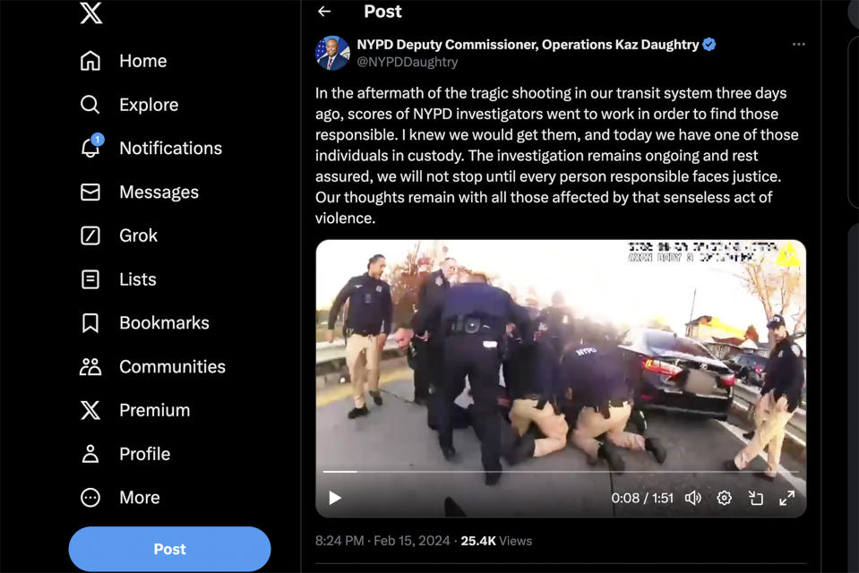 This screen grab from X, formerly known as Twitter, shows a social media post by NYPD Deputy Commissioner Kaz Daughtry on Thursday, Feb. 15, 2024, in New York. The New York Police Department has been taking a more active role in trying to influence public policy through slick online videos and social media posts. (X via AP)