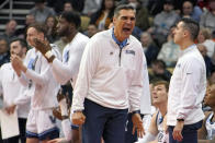 Villanova head coach Jay Wright is upset with a call during the first half of a college basketball game against Ohio State in the second round of the NCAA tournament in Pittsburgh, Sunday, March 20, 2022. (AP Photo/Gene J. Puskar)