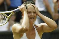 FILE - In this July 1, 2004, file photo, Russia's Maria Sharapova reacts after defeating Lindsay Davenport in their Women's Singles semi-final match on the Centre Court at Wimbledon. Sharapova is retiring from professional tennis at the age of 32 after five Grand Slam titles and time ranked No. 1. She has been dealing with shoulder problems for years. In an essay written for Vanity Fair and Vogue about her decision to walk away from the sport, posted online Wednesday, Feb. 26, 2020, Sharapova asks: “How do you leave behind the only life you’ve ever known?”(AP Photo/Anja Niedringhaus, File)