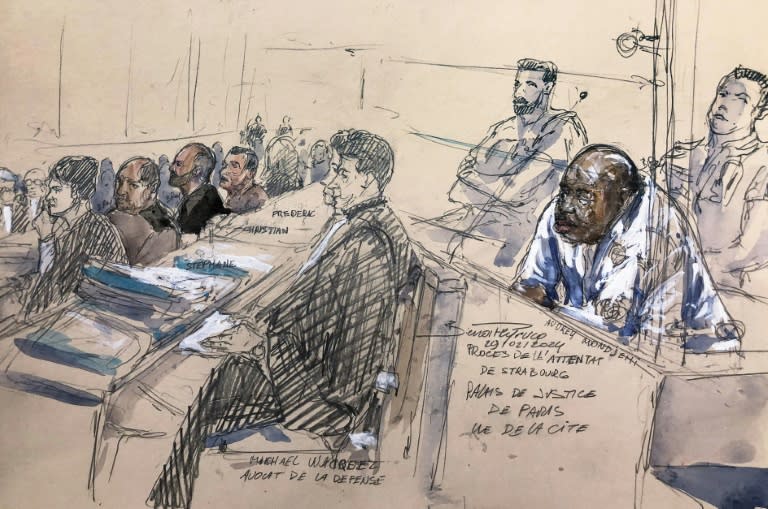 Croquis d'audience du 29 février 2024 d'Audrey Mondjehi (2e d), lors du procès de l'attentat du marché de Noël de Strasbourg en 2018, au palais de justice de Paris (Benoit PEYRUCQ)