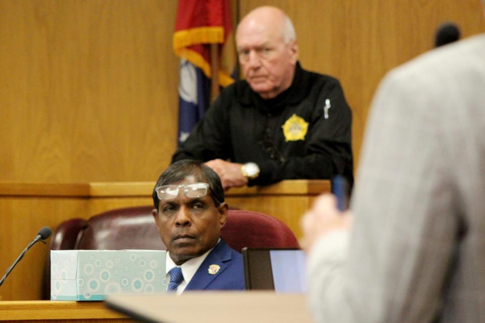 Brookhaven Police Department detective Vincent Fernando, center, testifies Wednesday, Aug. 16, 2023, in Brookhaven, Miss., at the trial of two white men who are accused of chasing and shooting at a Black FedEx driver who had dropped off a package at a home. (Hunter Cloud/The Daily Leader via AP)