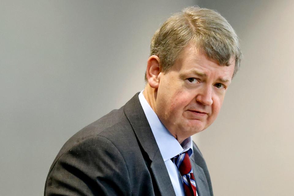 Defense attorney Kevin Gough reacts as he speaks at the jury selection in the trial of William "Roddie" Bryan, Travis McMichael and Gregory McMichael, charged with the February 2020 death of 25-year-old Ahmaud Arbery, at the Gwynn County Superior Court, in Brunswick, Ga., Wednesday, Oct. 27, 2021.