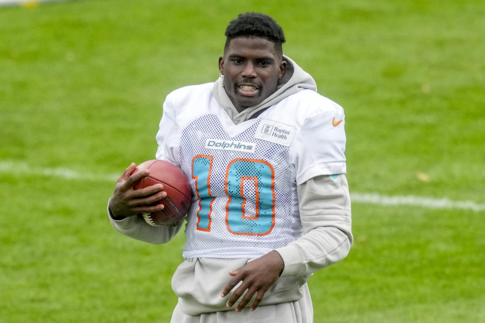 Miami Dolphins wide receiver Tyreek Hill attends a practice session in Frankfurt, Germany, Thursday, Nov. 2, 2023. The Miami Dolphins are set to play the Kansas City Chiefs in an NFL game in Frankfurt on Sunday Nov. 5, 2023. (AP Photo/Michael Probst)