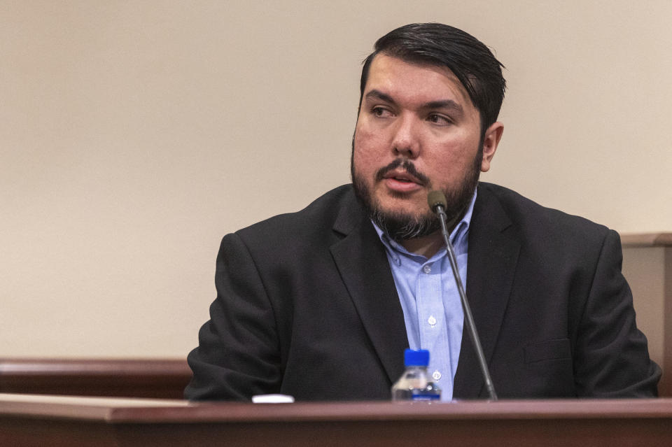 Lorenzo Montoya, compliance officer with OSHA, testifies during "Rust" movie armorer Hannah Gutierrez-Reed's involuntary manslaughter trial, Tuesday, March 5, 2024, at the First Judicial District Courthouse in Santa Fe, N.M. (Luis Sánchez Saturno/Santa Fe New Mexican via AP, Pool)