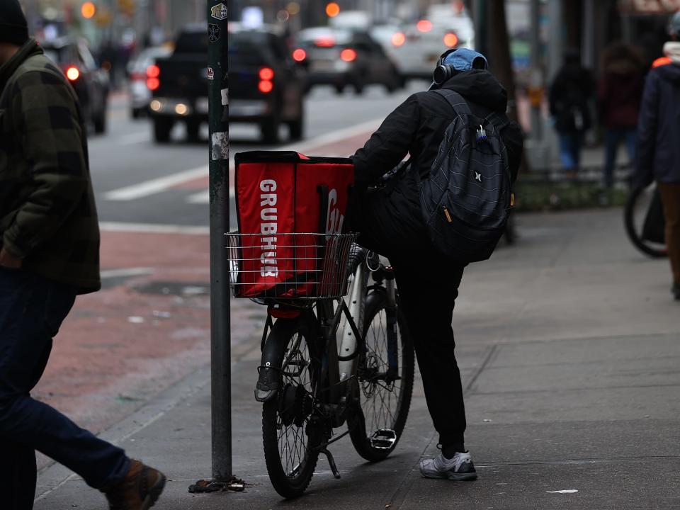 A GrubHub delivery worker in Times Square in New York City, United States on December 29, 2021.