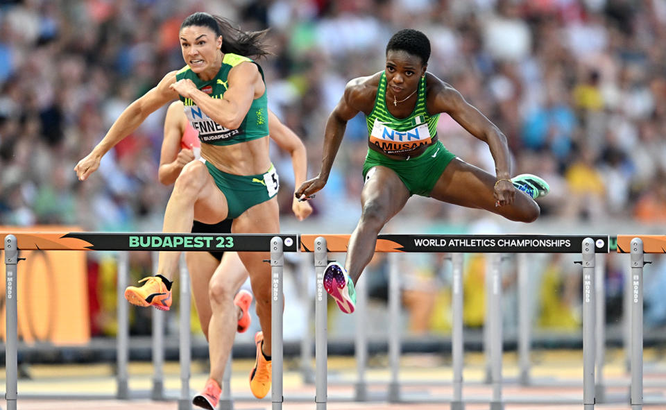 Michelle Jenneke and Tobi Amusan, pictured here at the world athletics championships.