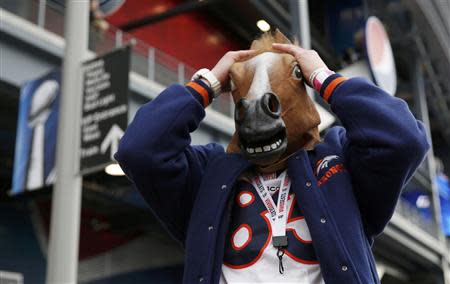 A Denver Broncos fan adjusts his mask outside the stadium before the start of the NFL Super Bowl XLVIII football game against the Seattle Seahawks in East Rutherford, New Jersey, February 2, 2014. REUTERS/Shannon Stapleton