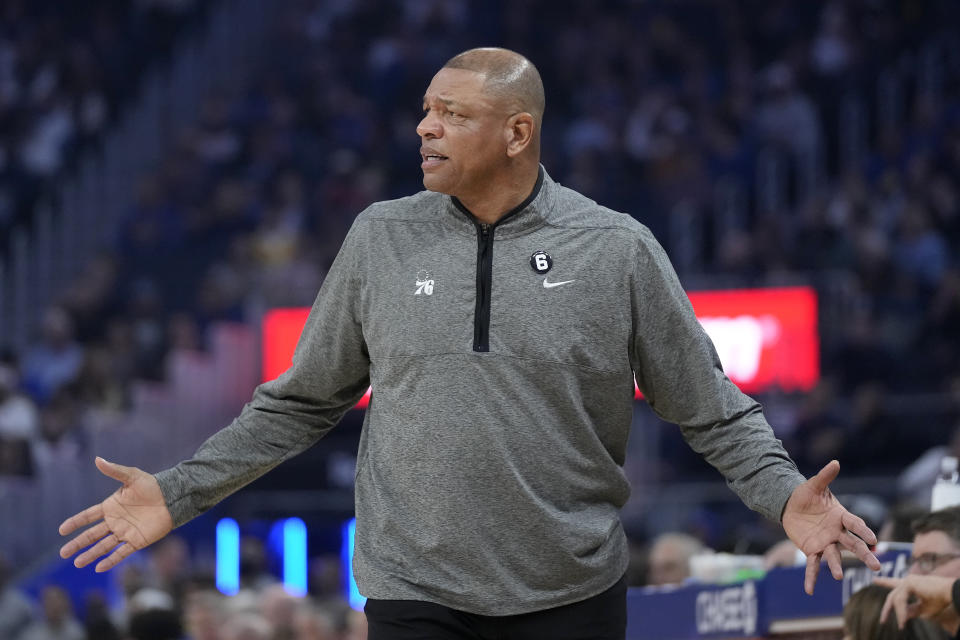 Philadelphia 76ers coach Doc Rivers gestures to officials during the first half of the team's NBA basketball game against the Golden State Warriors in San Francisco, Friday, March 24, 2023. (AP Photo/Jeff Chiu)