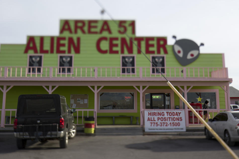 This April 6, 2018 photo shows the Area 51 Alien Center in Amargosa Valley, Nevada, about 90 miles north of Las Vegas. Fearing they could be overwhelmed with visitors, officials in the remote Nevada county that's home to the Area 51 military base have drafted an emergency declaration and a plan to team resources with neighboring counties and the state ahead of events in September 2019 tied to the "Storm Area 51" internet drive. (Richard Brian/Las Vegas Review-Journal via AP)