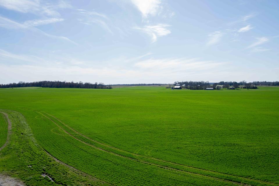 Aerial view of Ryan Bivens’ farm on Saturday, March 16, 2024, in LaRue County from above his silos.